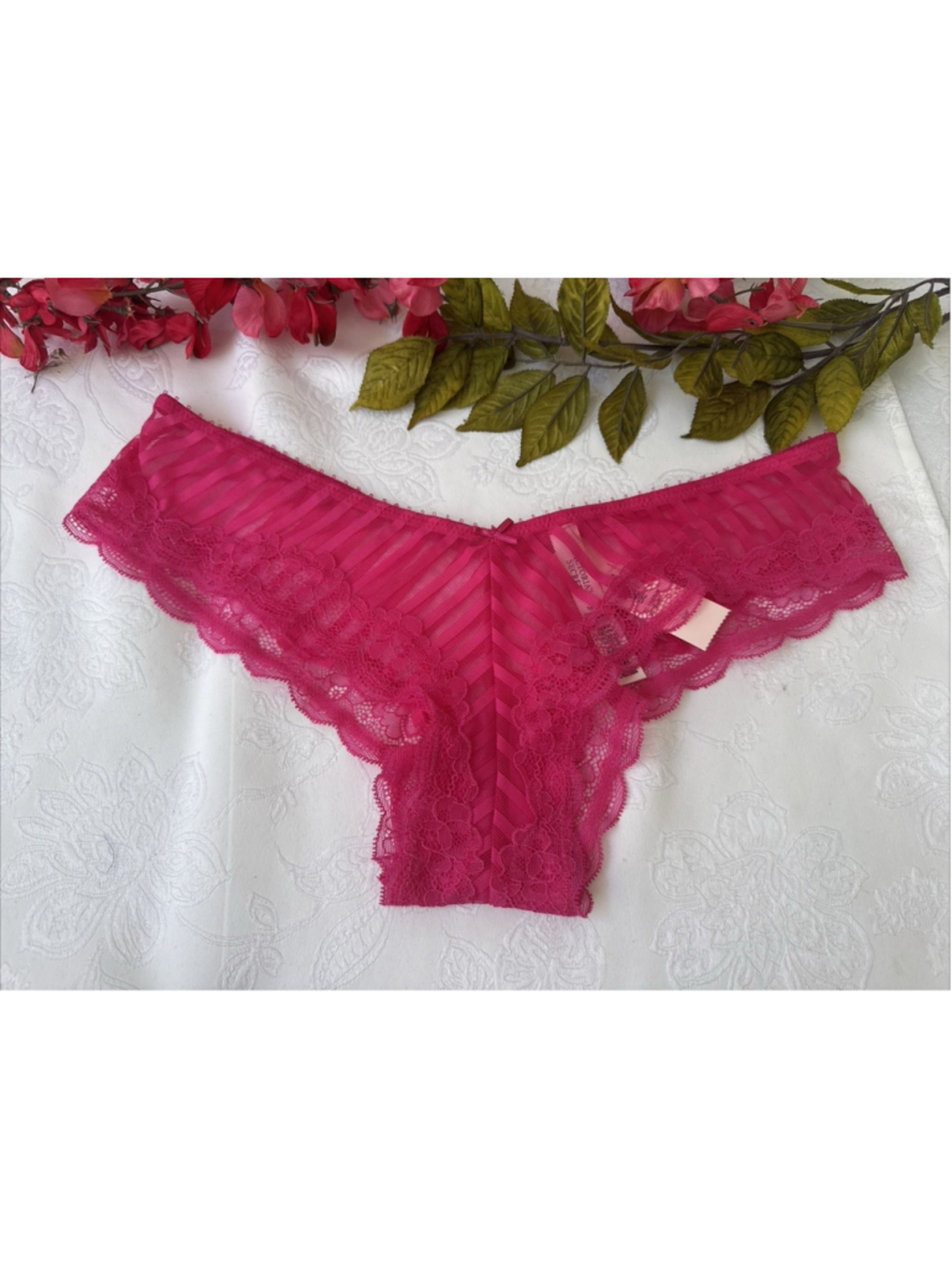VICTORIA'S SECRET S PINK CAGE STRIPE HIGH LEG CHEEKY MESH LACE PANTIES NWT
